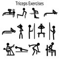 Set of exercises for triceps muscle group. Most important gym exercises for triceps pump. Royalty Free Stock Photo