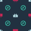 Set Exit sign, King crown and No Smoking on seamless pattern. Vector