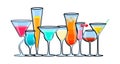 Set of exotic alcoholic cocktails isolated on white background.