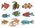 Set of exotic coral reef fish. Underwater swimming animals. Tropical fish for the aquarium. Vector elements for design Royalty Free Stock Photo