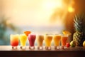 set of exotic summer tropical cocktails drinks on a beautiful beach background, place of relaxation