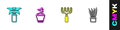Set Exotic tropical plant in pot, Seeds bowl, Garden rake and Plant icon. Vector