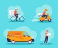 Set of express pizza delivery service illustration: bicycle, scooter, van, courier with boxes Royalty Free Stock Photo