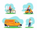 Set of express pizza delivery service illustration: bicycle, scooter, van, courier with pizza boxes Royalty Free Stock Photo