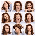 A set of expressions of a young woman with different emotions. Beautiful brunette. White background. Collage. Square format Royalty Free Stock Photo