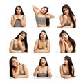 A set of expressions of a young woman with different emotions. Beautiful brunette. White background. Collage. Square format Royalty Free Stock Photo