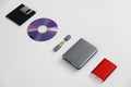 Set of external Storage media. Storage device evolution. Different data drives from floppy to ssd Royalty Free Stock Photo