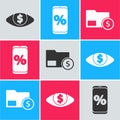 Set Eye with dollar, Percent discount and mobile and Envelope with coin dollar icon. Vector