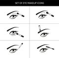 Set of eye icons with different brushes as step by step tutorial for makeup. Applying eyeshadows, eyeliner and mascara