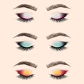 Set of eye makeup. Closed eye with long eyelashes and eyebrows. Royalty Free Stock Photo