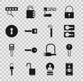 Set Eye scan, Undefined key, Casting keys, Marked, Key, Keyhole, Password protection and Crowbar icon. Vector