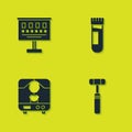 Set Eye test chart, Neurology reflex hammer, X-ray machine and Test tube with blood icon. Vector