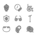 Set Eyeglasses, Male head with hospital, Grandmother, Walking stick cane, Wheelchair and icon. Vector