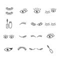 Set of eyes and beautiful black eyelashes icon. Beauty stylist or blogger concept in modern outline isolated on white background
