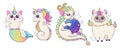 Set of fabulous rainbow animals alpaca, llama, cat, mermaid, dragon and seahorse. Fantastic kawaii characters isolated on white