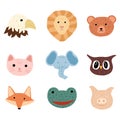 Set face character animals on white background. Abstract head lion, eagle, bear, cat, elephant, fox, frog and pig in doodle style