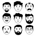 Set of face mane, avatar icons, black and white design. Vector Royalty Free Stock Photo