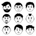 Set of face mane, character with different emotion, avatar icons, black and white design. Vector Royalty Free Stock Photo