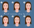 Set of face massage instructions on blue background. Vector illustration of massage lines on woman face.