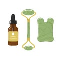 Set of face oil, gua sha stone, roller are made of green jade. Home beauty skin care routine. Chinese skin care concept. Hand