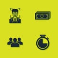 Set Face recognition, Stopwatch, Users group and Stacks paper money cash icon. Vector