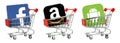 Set of Facebook, Amazon and Android paper icons in shopping cart, isolated on transparent background. Shopping and Business in