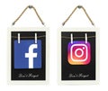 Set of Facebook and Instagram paper app icons, which placed in wooden frame, isolated on transparent background Royalty Free Stock Photo