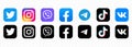 Set of Facebook, Tik Tok, Vkontakte, Viber, Twitter, Instagram, Telegram, icons. Social media