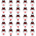 Set of faces of clowns with smiles, laughter, red noses and hats. Collection of emoticons and emoji. Black and outline elements.