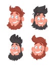 Set of 4 faces of fat bearded cheerful men. Cartoon style