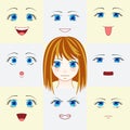 Set of faces in manga style. Cute anime eyes and mouths. Different human eyes and lips showing various human emotions. Vector illu