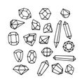 Set of faceted gemstones: emeralds, diamonds and rubies, glass crystals, black ink lines