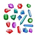 Set of faceted gemstones: emeralds, sapphires, diamonds and rubies, glass crystals for bijou Royalty Free Stock Photo