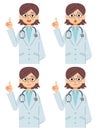 A set of 4 facial expressions explained by a female doctor wearing a stethoscope.