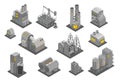 Set factories plant Isometry vector illustration. Oil Industrial production factory