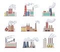 Set of Factories and power plants flat design of vector illustration. Manufactory industrial buildings refinery factory Royalty Free Stock Photo