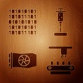 Set Factory conveyor system belt, Binary code, Video graphic card and Syringe on wooden background. Vector