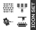 Set Factory conveyor system belt, Binary code, Wireless charger and Server, Data, Web Hosting icon. Vector Royalty Free Stock Photo