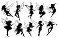 Set of fairies. Collection of girls fairy silhouettes. Black white vector illustration for children. Magic girls with Royalty Free Stock Photo