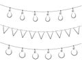 set of fairy lights, pennants, ball garland, black outline isolated vector decoration, string of outdoor lights, holiday