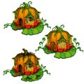 Set of fairy tale houses made out of pumpkins. Home of dwellers of fantasy forest isolated on a white background. Vector Royalty Free Stock Photo