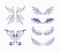 Set of fairy wings of angel, demon, bat and fairy. Linear vector Royalty Free Stock Photo