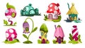 Set of fairytale houses. Collection of cartoon houses in the shape of candy, flower or mushrooms. Colorful illustration