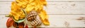 A set of fall materials for children`s creativity and crafts on a wooden table. orange fallen autumn maple leaves and seeds, ceda Royalty Free Stock Photo