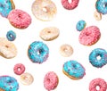 Set of falling delicious donuts on background