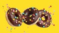 Set of falling delicious donuts on background