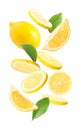 Set of falling delicious lemons on background