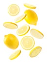 Set of falling delicious lemons on background