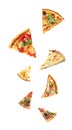 Set with falling different pizza slices Royalty Free Stock Photo