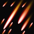 Set of falling luminous comet meteorites. Vector illustration of burning meteorites, asteroids, comets Royalty Free Stock Photo